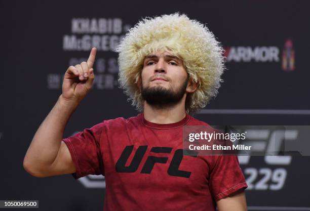 Lightweight champion Khabib Nurmagomedov poses during a ceremonial weigh-in for UFC 229 at T-Mobile Arena on October 05, 2018 in Las Vegas, Nevada....