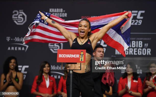 Michelle Waterson poses during a ceremonial weigh-in for UFC 229 at T-Mobile Arena on October 05, 2018 in Las Vegas, Nevada. Waterson will fight...