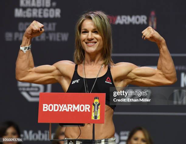 Felice Herrig poses during a ceremonial weigh-in for UFC 229 at T-Mobile Arena on October 05, 2018 in Las Vegas, Nevada. Herrig will fight Michelle...