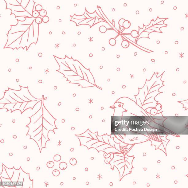 holly and robin seamless pattern - red robin stock illustrations