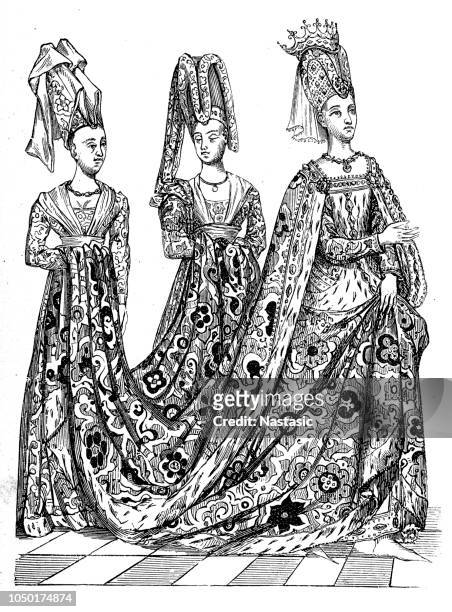 costume design from the 15th century ,isabeau of bavaria, queen of france - isabeau of bavaria stock illustrations
