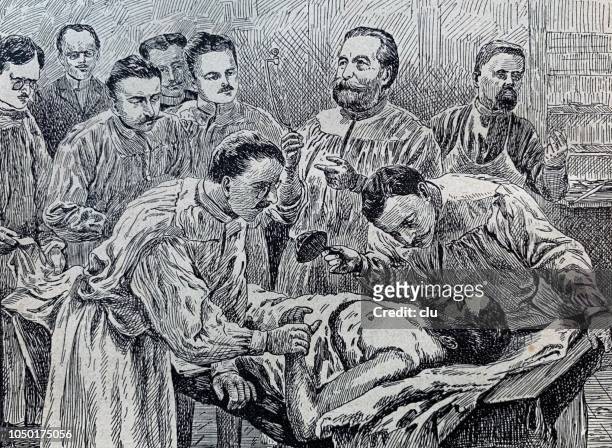 ernst von bergmann in the surgery room in berlin, surgical clinic - history stock illustrations