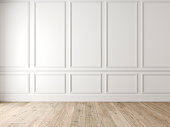 Modern classic white empty interior with wall panels and wooden floor.