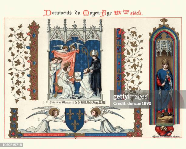 kings and angels, medieval decorative art, illuminated manuscripts 14th century - manuscript stock illustrations