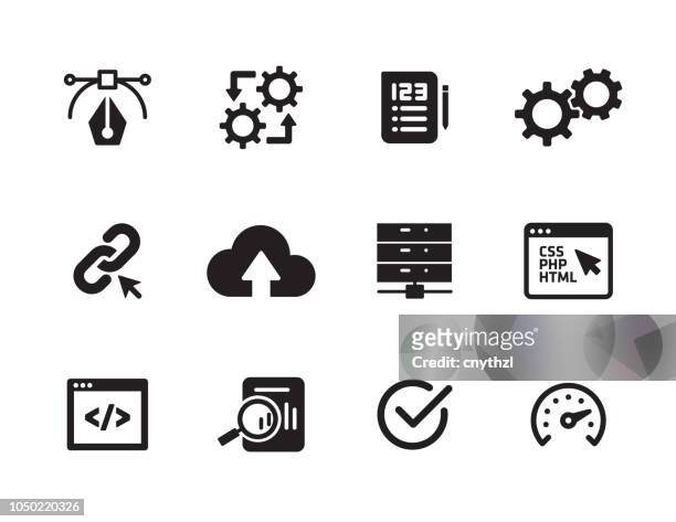 ilustraciones, imágenes clip art, dibujos animados e iconos de stock de conjunto de iconos de la ingeniería de software - metodico