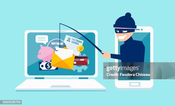 vector concept of phishing scam, hacker attack and web security - identity theft protection stock illustrations