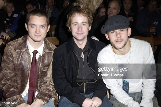 Elijah Wood, Billy Boyd and Dominic Monaghan during The Launch of the Air New Zealand/Lord of the Rings Frodo Airplane at LAX in Los Angeles,...