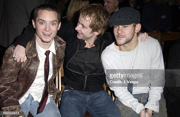 Elijah Wood, Billy Boyd and Dominic Monaghan during The Launch of the Air New Zealand/Lord of the Rings Frodo Airplane at LAX in Los Angeles,...