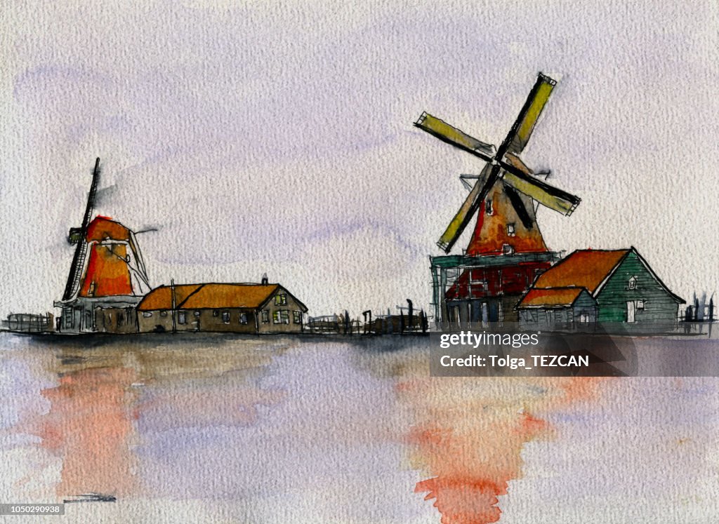 Watercolor Traditional Dutch windmills