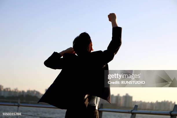 businessman cheering at city waterfront - young man asian silhouette stock pictures, royalty-free photos & images