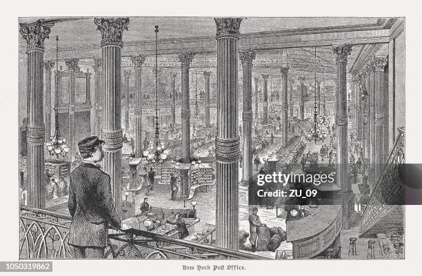 new york post office in the past, woodcut, published 1885 - post office interior stock illustrations