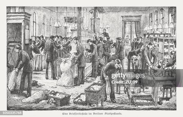 sorting of the mail, berlin post office, germany, published 1885 - postman stock illustrations