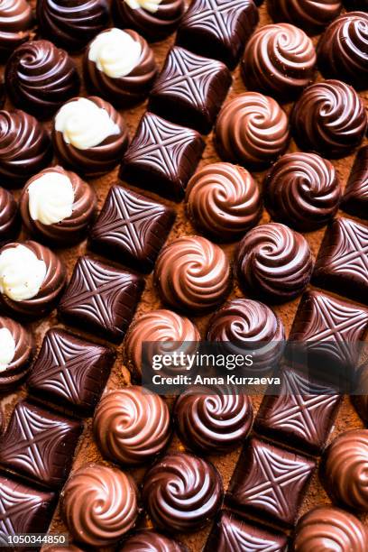 premium collection of dark, milk and white chocolate sweets, selective focus. chocolate background. macro food photography. collection of candies. - pralinen stock-fotos und bilder