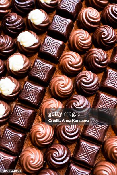 premium collection of dark, milk and white chocolate sweets, selective focus. chocolate background. macro food photography. collection of candies. - chocolate pieces stock-fotos und bilder