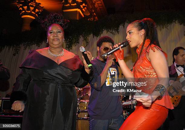 Aretha Franklin and Alicia Keys during 2003 Clive Davis Pre-GRAMMY Party - Show at The Regent Wall Street in New York City, New York, United States.