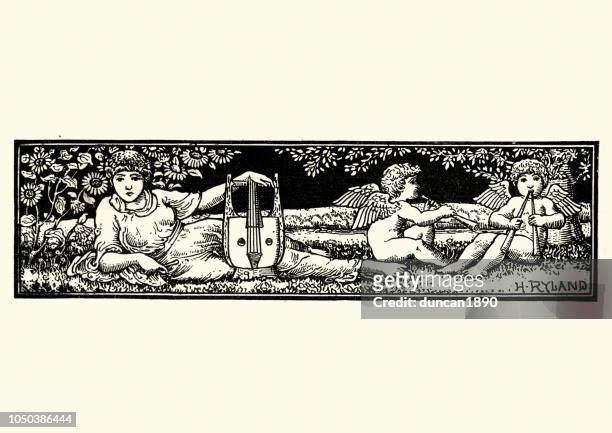 folk music, lyre musician and cherubs - traditional musician stock illustrations