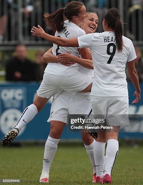 Ria Percival of New Zealand celebrates scoring during the OFC Women's Nations Cup Final match between New Zealand and Papua New Guinea at Mt Smart...