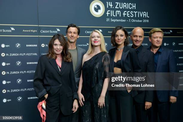 Iris Berben, Florian David Fitz, Caroline Peters, Janina Uhse, Christoph Maria Herbst and Justus von Dohnanyi attend the 'Der Vorname' premiere and...