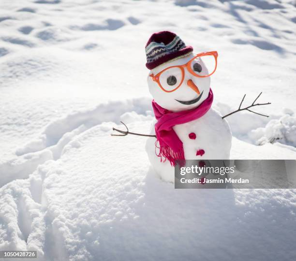 winter snowman on snow - snowman stock-fotos und bilder