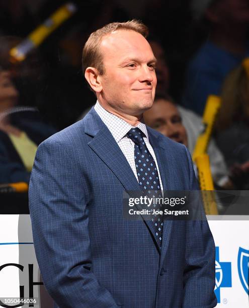 Assistant coach Sergei Gonchar of the Pittsburgh Penguins looks on prior to the game against the Washington Capitals at PPG Paints Arena on October...