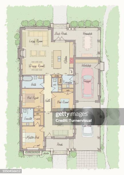 ilustrações, clipart, desenhos animados e ícones de bungalow floorplan - trabalho de design