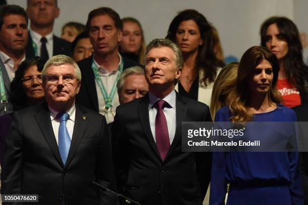 President Thomas Bach, Mauricio Macri president of Argentina and Argentina First Lady Juliana Awada look on during the opening ceremony of the Buenos...