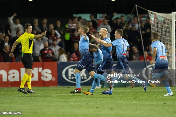 Siem De Jong of Sydney FC celebrates scoring with a free kick during the FFA Cup Semi Final match between the Western Sydney Wanderers and Sydney FC...