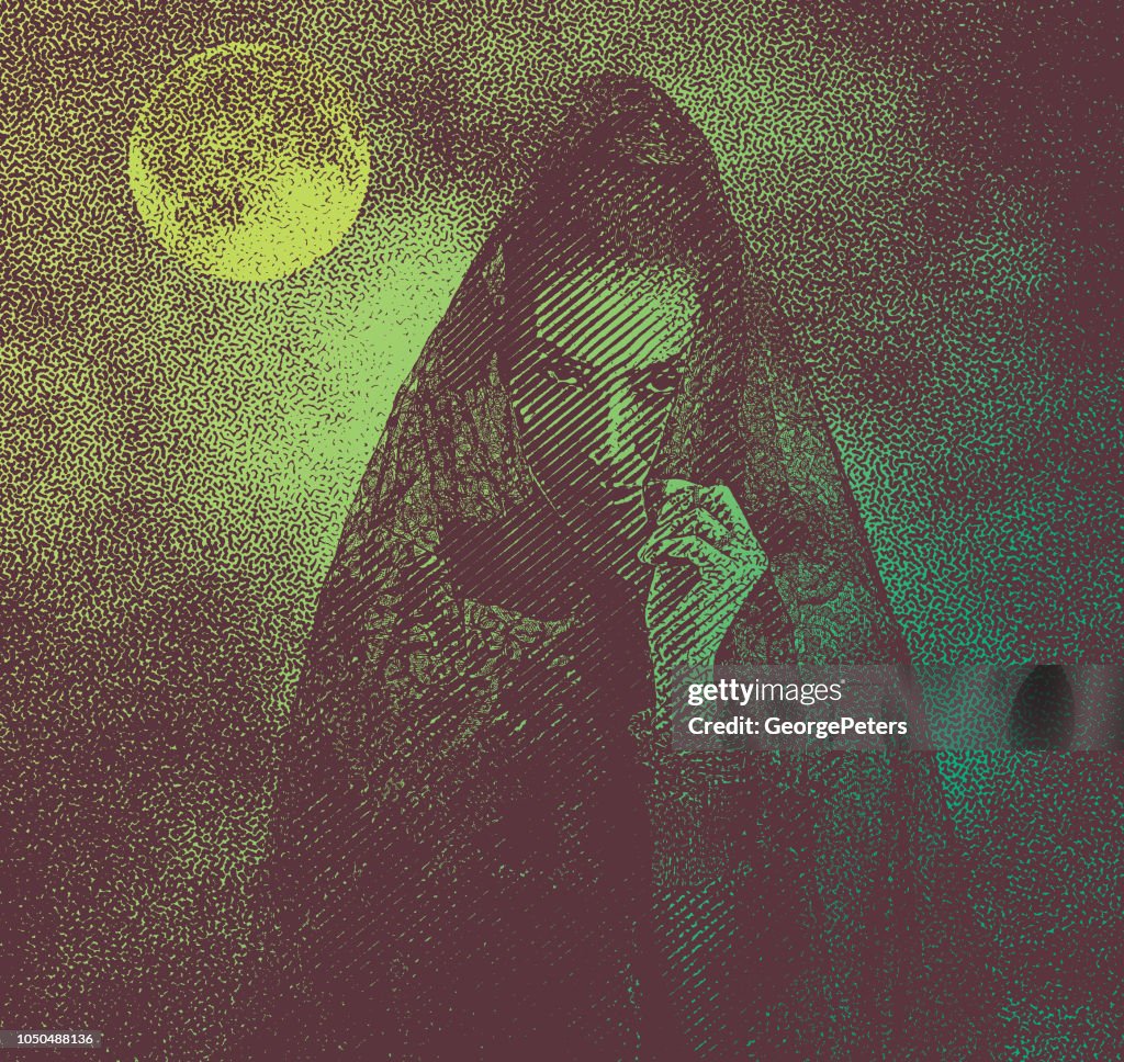Spooky woman with moon and dramatic sky