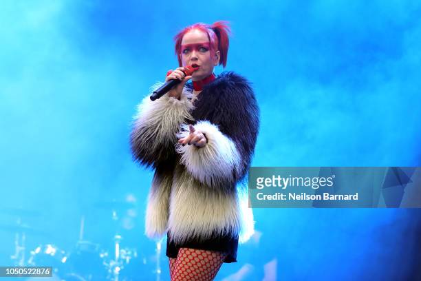 Shirley Manson of the band 'Garbage' performs on stage during Cal Jam 18 at Glen Helen Regional Park on October 06, 2018 in San Bernardino,...