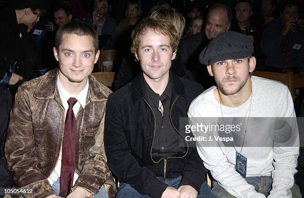 Elijah Wood, Billy Boyd and Dominic Monaghan during The Launch of the Air New Zealand/Lord of the Rings Frodo Airplane at LAX in Los Angeles,...
