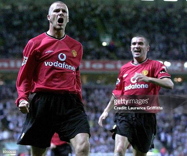 David Beckham of Man Utd celebrates after scoring the second goal during the Blackburn Rovers v Manchester United FA Barclaycard Premiership match at...
