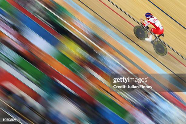 Sarah Storey of England in action in the womens cycling 3000m individual pursuit at IG Sports Complex during day five of the Delhi 2010 Commonwealth...