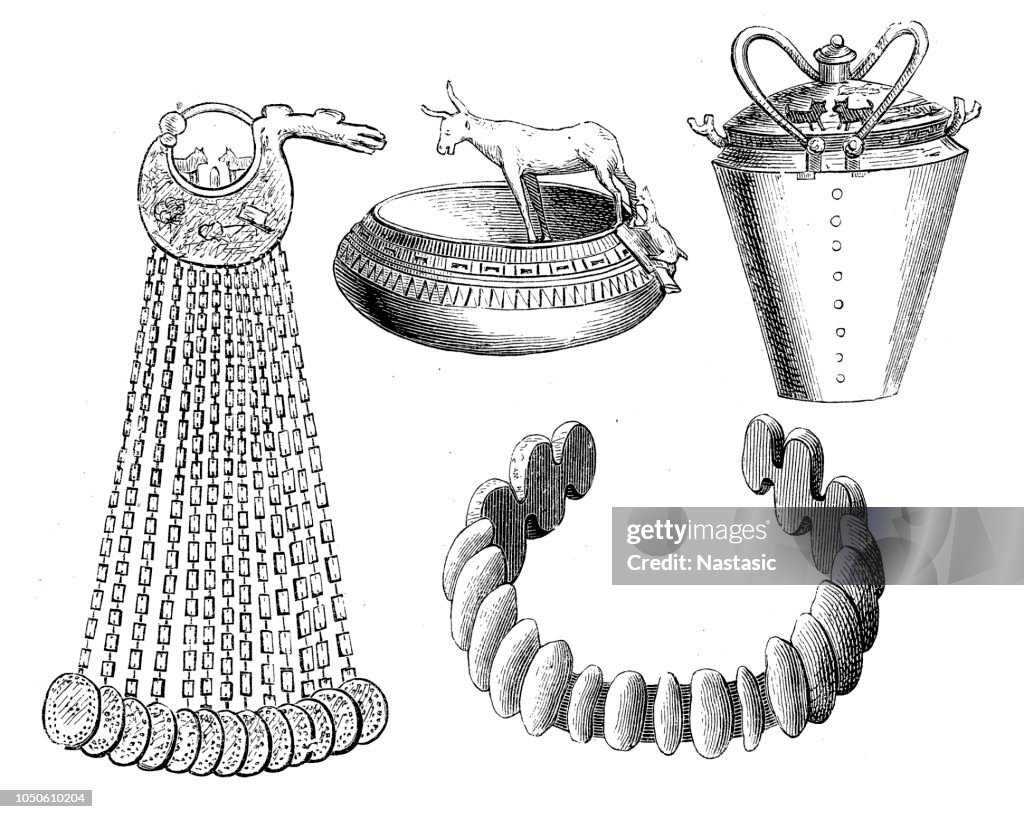 Bronze vessels and bronze jewelry from the tombs and Hallstatt. 464-466