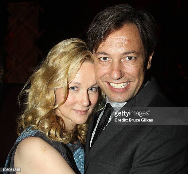 Laura Linney and husband Marc Schauer pose at the Opening Night after party for "Time Stands Still" at Pio Pio on October 7, 2010 in New York City.