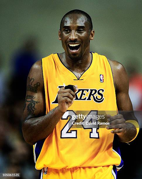 Kobe Bryant of the Los Angeles Lakers reacts during the NBA Europe Live match between Los Angeles Lakers and Regal FC Barcelona at the at Palau...