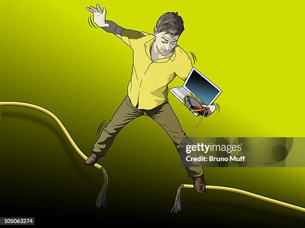 man on kabel, wire with laptop - creepy guy on computer stock illustrations