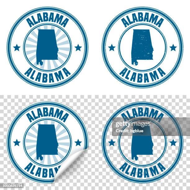 alabama - blue sticker and stamp with name and map - alabama stock illustrations