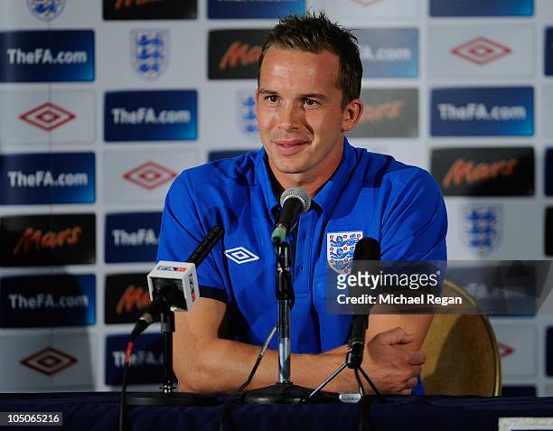 Kevin Davies of England talks to the media during the England Press Conference at the Grove Hotel on October 8, 2010 in Watford, England.