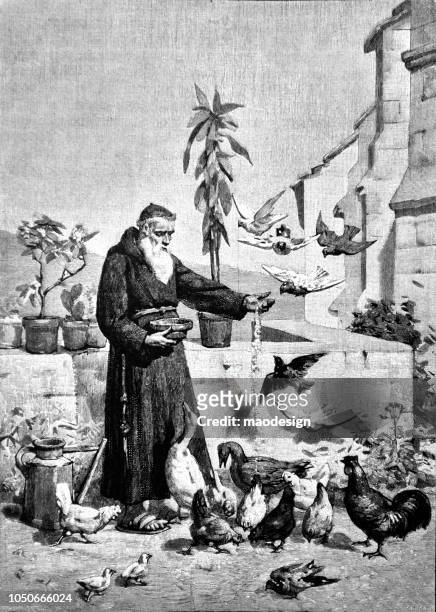 ilustrações, clipart, desenhos animados e ícones de monge beneditino alimenta frango, patos e pombos na frente de uma igreja - 1888 - benedictine