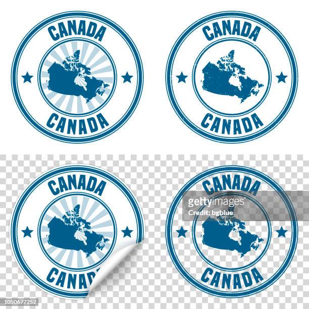 kanada - blauen aufkleber und stempel mit namen und karte - canadian passport stock-grafiken, -clipart, -cartoons und -symbole