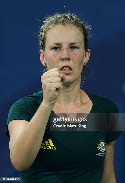 Olivia Rogowska of Australia celebrates a point in her Women's Doubles Semi-Final match with partner Jessica Moore against Nirupama Sanjeev and...