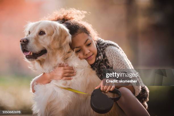 tillgiven afrikanska amerikanska flickan omfamnar hennes golden retriever i naturen. - golden retriever bildbanksfoton och bilder