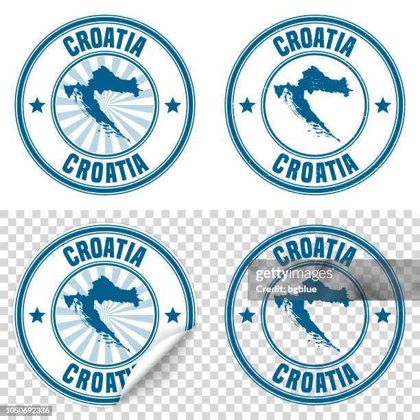 ilustraciones, imágenes clip art, dibujos animados e iconos de stock de croacia - etiqueta engomada azul y sello con nombre y mapa - croatia