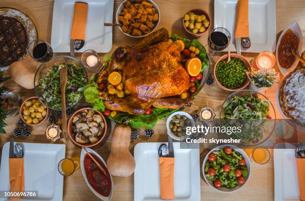 above view of place setting on thanksgiving day. - side dish stock pictures, royalty-free photos & images