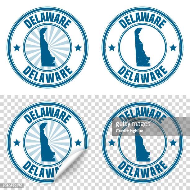 delaware - blauen aufkleber und stempel mit namen und karte - dover delaware stock-grafiken, -clipart, -cartoons und -symbole