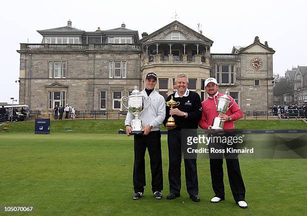 Europe winners, Martin Kaymer of Germany, holding the Wanamaker trophy for winning the US PGA Championships, European Team captain Colin Montgomerie...