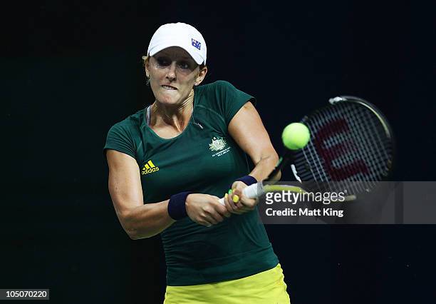 Anastasia Rodionova of Australia plays a backhand during her Women's Singles Semi-Final match against Sally Peers of Australia at the RK Khanna...