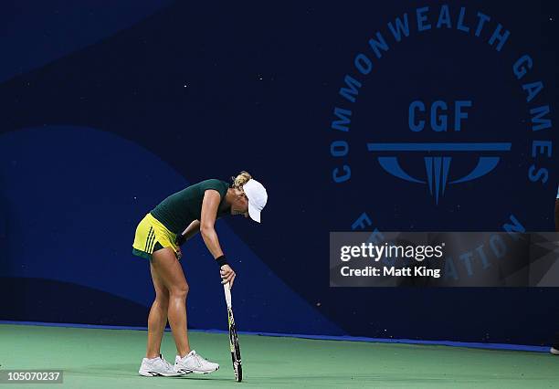 Anastasia Rodionova of Australia shows signs of fatigue during her Women's Singles Semi-Final match against Sally Peers of Australia at the RK Khanna...