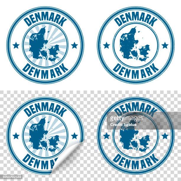 denmark - blue sticker and stamp with name and map - passport stock illustrations