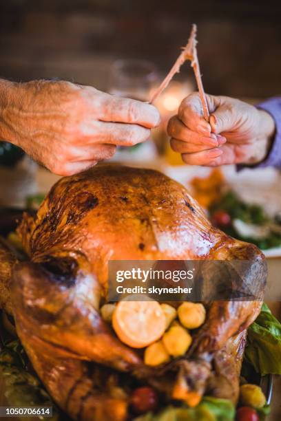 close up unrecognizable couple pulling wishbone on thanksgiving dinner. - wishbone stock pictures, royalty-free photos & images